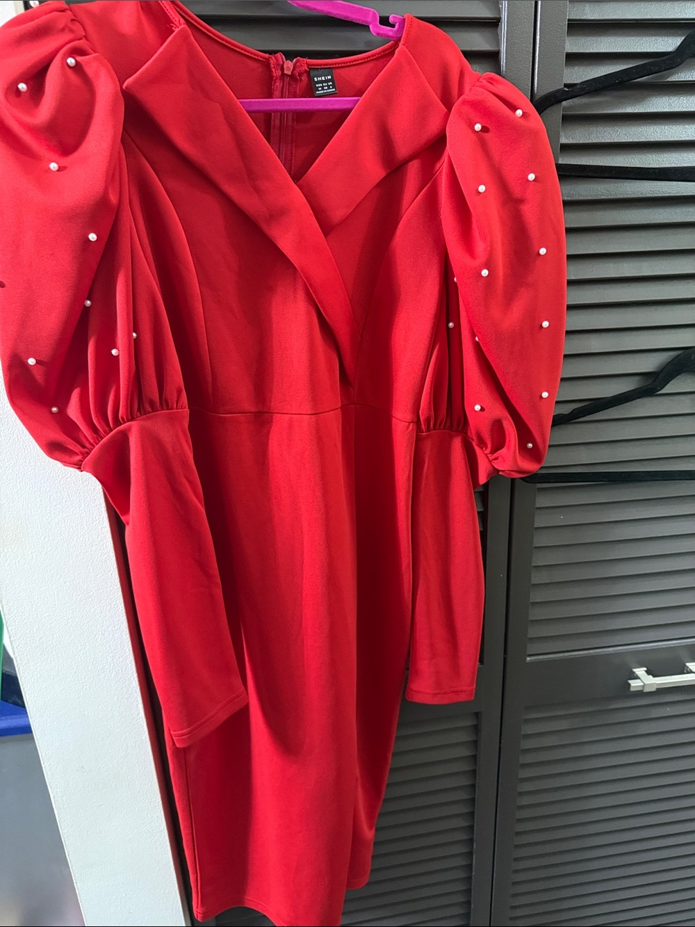SHEIN Red Midi Dress with Pearl-Embellished Puff Sleeves